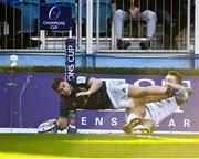 16 January 2022; Jordan Larmour of Leinster scores his side's sixth try during the Heineken Champions Cup Pool A match between Leinster and Montpellier Hérault at RDS Arena in Dublin. Photo by David Fitzgerald/Sportsfile