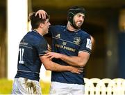 16 January 2022; Jimmy O'Brien of Leinster celebrates after scoring his side's eighth try with team-mate Caelan Doris during the Heineken Champions Cup Pool A match between Leinster and Montpellier Hérault at the RDS Arena in Dublin. Photo by Harry Murphy/Sportsfile