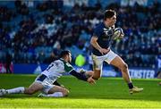 16 January 2022; Jimmy O'Brien of Leinster skips past the tackle of Thomas Darmon of Montpellier Hérault on the way to scoring their eighth try during the Heineken Champions Cup Pool A match between Leinster and Montpellier Hérault at RDS Arena in Dublin. Photo by Brendan Moran/Sportsfile