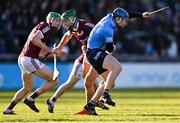 16 January 2022; John Bellew of Dublin gets away from Niall Burke, centre, and Cianan Fahy of Galway during the Walsh Cup Group A match between Dublin and Galway at Parnell Park in Dublin. Photo by Piaras Ó Mídheach/Sportsfile