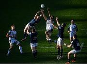 16 January 2022; Rhys Ruddock of Leinster competes for a high ball against Florian Vergaeghe of Montpellier Hérault during the Heineken Champions Cup Pool A match between Leinster and Montpellier Hérault at RDS Arena in Dublin. Photo by David Fitzgerald/Sportsfile