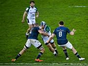 16 January 2022; Vincent Giudicelli of Montpellier Hérault is tackled by Ross Molony, left, and Jack Conan of Leinster during the Heineken Champions Cup Pool A match between Leinster and Montpellier Hérault at RDS Arena in Dublin. Photo by David Fitzgerald/Sportsfile