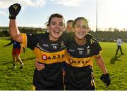 16 January 2022; Doireann O'Sullivan, left, and Roisin O'Sullivan of Mourneabbey celebrate after their side's victory in the 2021 currentaccount.ie All-Ireland Ladies Senior Club Football Championship semi-final match between Mourneabbey and St Peter's Dunboyne at Clyda Rovers GAA, in Cork. Photo by Seb Daly/Sportsfile