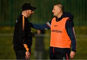 16 January 2022; Dunboyne manager Brendan Quinn, right, and Mourneabbey manager Shane Ronayne after the 2021 currentaccount.ie All-Ireland Ladies Senior Club Football Championship semi-final match between Mourneabbey and St Peter's Dunboyne at Clyda Rovers GAA, in Cork. Photo by Seb Daly/Sportsfile