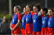 16 January 2022; Vikki Wall of St Peter's Dunboyne, left, with team-mates during Amhrán na bhFiann before the 2021 currentaccount.ie All-Ireland Ladies Senior Club Football Championship semi-final match between Mourneabbey and St Peter's Dunboyne at Clyda Rovers GAA, in Cork.Amhrán na bhFiann Photo by Seb Daly/Sportsfile