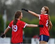 16 January 2022;  Kilkerrin-Clonberne players Siobhan Divilly, right, and Niamh Divilly celebrate after their side's victory in the 2021 currentaccount.ie LGFA All-Ireland Senior Club Championship Semi-Final match between Kilkerrin-Clonberne and Donaghmoyne at Kilkerrin-Clonberne GAA in Clonberne, Galway. Photo by Sam Barnes/Sportsfile