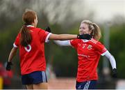 16 January 2022;  Kilkerrin-Clonberne players Louise Ward, right, and Siobhan Divilly celebrate after their side's victory in the 2021 currentaccount.ie LGFA All-Ireland Senior Club Championship Semi-Final match between Kilkerrin-Clonberne and Donaghmoyne at Kilkerrin-Clonberne GAA in Clonberne, Galway. Photo by Sam Barnes/Sportsfile