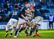 16 January 2022; Paul Vallee of Montpellier Hérault is tackled by Leinster players, from left, Dan Sheehan, Jonathan Sexton and Ross Molony during the Heineken Champions Cup Pool A match between Leinster and Montpellier Hérault at RDS Arena in Dublin. Photo by David Fitzgerald/Sportsfile