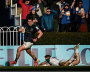 16 January 2022; Dan Sheehan of Leinster evades the tackle of Karl Martin of Montpellier Hérault on his way to scoring his side's tenth try during the Heineken Champions Cup Pool A match between Leinster and Montpellier Hérault at the RDS Arena in Dublin. Photo by Harry Murphy/Sportsfile