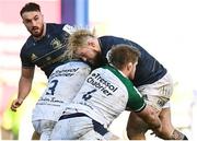 16 January 2022; Andrew Porter of Leinster is tackled by Henry Thomas and Tyler Duguid of Montpellier Hérault during the Heineken Champions Cup Pool A match between Leinster and Montpellier Hérault at the RDS Arena in Dublin. Photo by Harry Murphy/Sportsfile