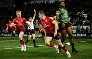 16 January 2022; Michael Lowry of Ulster celebrates scoring his side's fourth try during the Heineken Champions Cup Pool A match between Northampton and Ulster at Cinch Stadium at Franklin's Gardens in Northampton, England. Photo by Paul Harding/Sportsfile