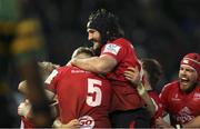 16 January 2022; Michael Lowry of Ulster is congratulated by Kieran Treadwell, Tom O'Toole and Eric O'Sullivan after the Heineken Champions Cup Pool A match between Northampton and Ulster at Cinch Stadium at Franklin's Gardens in Northampton, England. Photo by John Dickson/Sportsfile