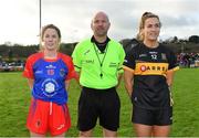 16 January 2022; Referee Jonathan Murphy with team captains Fiona O'Neill of St Peter's Dunboyne, left, and Brid O'Sullivan of Mourneabbey before the 2021 currentaccount.ie All-Ireland Ladies Senior Club Football Championship semi-final match between Mourneabbey and St Peter's Dunboyne at Clyda Rovers GAA, in Cork. Photo by Seb Daly/Sportsfile