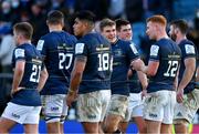 16 January 2022; Leinster captain Garry Ringrose, centre, and his teammates celebrate  after the Heineken Champions Cup Pool A match between Leinster and Montpellier Hérault at RDS Arena in Dublin. Photo by Brendan Moran/Sportsfile