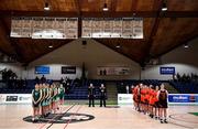 18 January 2022; Players and officials stand for a minutes silence for the late Ashling Murphy before the Pinergy Basketball Ireland U19 C Girls Schools Cup Final match between Mount Anville, Dublin, and Pipers Hill College, Kildare, at the National Basketball Arena in Dublin. Photo by Ben McShane/Sportsfile