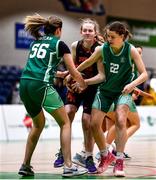 18 January 2022; Kate O'Neill of Pipers Hill College in action against Esme Boylan, left, and Sara Davy of Mount Anville during the Pinergy Basketball Ireland U19 C Girls Schools Cup Final match between Mount Anville, Dublin, and Pipers Hill College, Kildare, at the National Basketball Arena in Dublin. Photo by Ben McShane/Sportsfile
