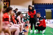 18 January 2022; Pipers Hill College coaches Aaron Whelan, right, and Keleigh Murphy issue instructions during a time-out in the Pinergy Basketball Ireland U19 C Girls Schools Cup Final match between Mount Anville, Dublin, and Pipers Hill College, Kildare, at the National Basketball Arena in Dublin. Photo by Ben McShane/Sportsfile