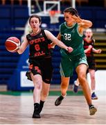 18 January 2022; Ella Doyle of Pipers Hill College in action against Niamh Rooney of Mount Anville during the Pinergy Basketball Ireland U19 C Girls Schools Cup Final match between Mount Anville, Dublin, and Pipers Hill College, Kildare, at the National Basketball Arena in Dublin. Photo by Ben McShane/Sportsfile