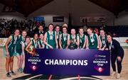 18 January 2022; Mount Anville players and coaches celebrate with the cup after the Pinergy Basketball Ireland U19 C Girls Schools Cup Final match between Mount Anville, Dublin, and Pipers Hill College, Kildare, at the National Basketball Arena in Dublin. Photo by Ben McShane/Sportsfile