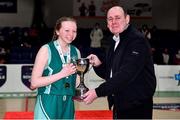 18 January 2022; Basketball Ireland President PJ Reidy, right, presents the cup to Mount Anville captain Georgia McPoland after the Pinergy Basketball Ireland U19 C Girls Schools Cup Final match between Mount Anville, Dublin, and Pipers Hill College, Kildare, at the National Basketball Arena in Dublin. Photo by Ben McShane/Sportsfile