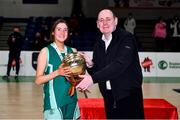 18 January 2022; Basketball Ireland President PJ Reidy, right, presents the MVP to Grace Prenter of Mount Anville after the Pinergy Basketball Ireland U19 C Girls Schools Cup Final match between Mount Anville, Dublin, and Pipers Hill College, Kildare, at the National Basketball Arena in Dublin. Photo by Ben McShane/Sportsfile
