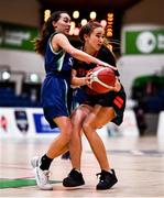 18 January 2022; Jessica Kacprzak of Pipers Hill College in action against Ines Polacio of St Louis SS during the Pinergy Basketball Ireland U16 C Girls Schools Cup Final match between Pipers Hill College, Naas, Kildare, and St Louis SS, Dundalk, Louth, at the National Basketball Arena in Dublin. Photo by Ben McShane/Sportsfile