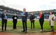 18 January 2022; In attendance at the launch of the Introduction to Coaching Gaelic Games at Croke Park in Dublin, are, from left, Uachtarán Cumann Peil Gael na mBan, Mícheál Naughton, Lyn Savage, National Development Manager, LGFA, Uachtarán Chumann Lúthchleas Gael Larry McCarthy, Shane Flanagan, Director of Coaching & Games, GAA, Hilda Breslin, President of the Camogie Association, and Louise Conlon, Technical Development & Participation Manager, Camogie Association. Photo by Sam Barnes/Sportsfile