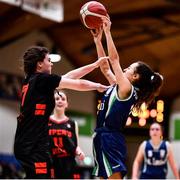 18 January 2022; Sara Ezquerra Rivas of St Louis SS in action against Roisin Carroll of Pipers Hill College during the Pinergy Basketball Ireland U16 C Girls Schools Cup Final match between Pipers Hill College, Naas, Kildare, and St Louis SS, Dundalk, Louth, at the National Basketball Arena in Dublin. Photo by Ben McShane/Sportsfile