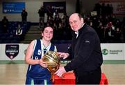 18 January 2022; Bastketball Ireland President PJ Reidy presents the MVP to Sofia Fernandez Bustos of St Louis SS after the Pinergy Basketball Ireland U16 C Girls Schools Cup Final match between Pipers Hill College, Naas, Kildare, and St Louis SS, Dundalk, Louth, at the National Basketball Arena in Dublin. Photo by Ben McShane/Sportsfile