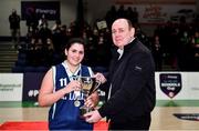 18 January 2022; Bastketball Ireland President PJ Reidy presents the cup to St Louis SS captain Sara Exquerra Rivas after the Pinergy Basketball Ireland U16 C Girls Schools Cup Final match between Pipers Hill College, Naas, Kildare, and St Louis SS, Dundalk, Louth, at the National Basketball Arena in Dublin. Photo by Ben McShane/Sportsfile