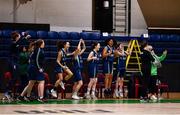 18 January 2022; St Louis SS players celebrate at the final buzzer of the Pinergy Basketball Ireland U16 C Girls Schools Cup Final match between Pipers Hill College, Naas, Kildare, and St Louis SS, Dundalk, Louth, at the National Basketball Arena in Dublin. Photo by Ben McShane/Sportsfile