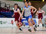 18 January 2022; Shauna Ní Uiginn of Colaiste Ailigh in action against Alexa Mc Inerney of Laurel Hill SS during the Pinergy Basketball Ireland U19 B Girls Schools Cup Final match between Pipers Colaiste Ailigh, Letterkenny, Donegal, and Laurel Hill SS, Cahir, Limerick, at the National Basketball Arena in Dublin. Photo by Ben McShane/Sportsfile