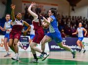 18 January 2022; Shannon Ní Chuinneagáin of Colaiste Ailigh in action against Angel Alfred, left, and Alexa Mc Inerney of Laurel Hill SS during the Pinergy Basketball Ireland U19 B Girls Schools Cup Final match between Pipers Colaiste Ailigh, Letterkenny, Donegal, and Laurel Hill SS, Cahir, Limerick, at the National Basketball Arena in Dublin. Photo by Ben McShane/Sportsfile