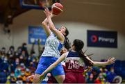 18 January 2022; Shannon Ní Chuinneagáin of Colaiste Ailigh in action against Angel Alfred, behind, and Alexa Mc Inerney of Laurel Hill SS during the Pinergy Basketball Ireland U19 B Girls Schools Cup Final match between Pipers Colaiste Ailigh, Letterkenny, Donegal, and Laurel Hill SS, Cahir, Limerick, at the National Basketball Arena in Dublin. Photo by Ben McShane/Sportsfile