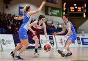 18 January 2022; Alexa Mc Inerney of Laurel Hill SS in action against Shauna Ní Uiginn, right, and Annie Nic Giolla Iontóg of Colaiste Ailigh during the Pinergy Basketball Ireland U19 B Girls Schools Cup Final match between Pipers Colaiste Ailigh, Letterkenny, Donegal, and Laurel Hill SS, Cahir, Limerick, at the National Basketball Arena in Dublin. Photo by Ben McShane/Sportsfile