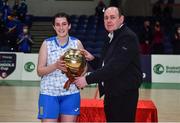 18 January 2022; Basketball Ireland President PJ Reidy presents the MVP to Shannon Ní Chuinneagáin of Colaiste Ailigh after the Pinergy Basketball Ireland U19 B Girls Schools Cup Final match between Pipers Colaiste Ailigh, Letterkenny, Donegal, and Laurel Hill SS, Cahir, Limerick, at the National Basketball Arena in Dublin. Photo by Ben McShane/Sportsfile