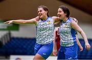18 January 2022; Sinead Nic A’tSaoir, left, and Aoife Ní Mhurchadha of Colaiste Ailigh celebrate at the final buzzer of the Pinergy Basketball Ireland U19 B Girls Schools Cup Final match between Pipers Colaiste Ailigh, Letterkenny, Donegal, and Laurel Hill SS, Cahir, Limerick, at the National Basketball Arena in Dublin. Photo by Ben McShane/Sportsfile
