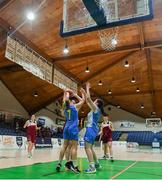 18 January 2022; Roisín Ryan of Laurel Hill SS is blocked by Annie Nic Giolla, 7, and Shannon Ní Chuinneagáin of Colaiste Ailigh during the Pinergy Basketball Ireland U19 B Girls Schools Cup Final match between Pipers Colaiste Ailigh, Letterkenny, Donegal, and Laurel Hill SS, Cahir, Limerick, at the National Basketball Arena in Dublin. Photo by Ben McShane/Sportsfile