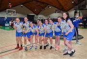 18 January 2022; Colaiste Ailigh players celebrate with the cup after the Pinergy Basketball Ireland U19 B Girls Schools Cup Final match between Pipers Colaiste Ailigh, Letterkenny, Donegal, and Laurel Hill SS, Cahir, Limerick, at the National Basketball Arena in Dublin. Photo by Ben McShane/Sportsfile