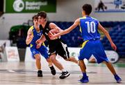 18 January 2022; Antonio Burgarolas of Cistercian College in action against Conor Phelan, left, and Louis O’Shea of Colaiste na hInse during the Pinergy Basketball Ireland U16 C Boys Schools Cup Final match between Colaiste na hInse, Bettystown, Meath, and Cistercian College, Roscrea, Tipperary, at the National Basketball Arena in Dublin. Photo by Ben McShane/Sportsfile