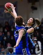19 January 2022; Ardiana Shallci of Our Lady of Mercy is tackled by Lily Egan of Loreto Abbey Dalkey during the Pinergy Basketball Ireland U19 A Girls Schools Cup Final match between Loreto Abbey Dalkey, Dublin, and Our Lady of Mercy, Waterford, at the National Basketball Arena in Dublin. Photo by Piaras Ó Mídheach/Sportsfile