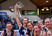 19 January 2022; Our Lady of Mercy captain Ciara Dunne lifts the cup after her side's victory in the Pinergy Basketball Ireland U19 A Girls Schools Cup Final match between Loreto Abbey Dalkey, Dublin, and Our Lady of Mercy, Waterford, at the National Basketball Arena in Dublin. Photo by Piaras Ó Mídheach/Sportsfile