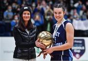 19 January 2022; Dolores Geaney, Board of Directors Basketball Ireland, presents the MVP award to Ciara Dunne of Our Lady of Mercy after her side's victory in the Pinergy Basketball Ireland U19 A Girls Schools Cup Final match between Loreto Abbey Dalkey, Dublin, and Our Lady of Mercy, Waterford, at the National Basketball Arena in Dublin. Photo by Piaras Ó Mídheach/Sportsfile
