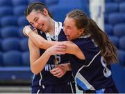 19 January 2022; Our Lady of Mercy players Ciara Dunne, left, and Joanne Dunne celebrate after their side's victory in the Pinergy Basketball Ireland U19 A Girls Schools Cup Final match between Loreto Abbey Dalkey, Dublin, and Our Lady of Mercy, Waterford, at the National Basketball Arena in Dublin. Photo by Piaras Ó Mídheach/Sportsfile