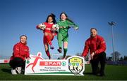 19 January 2022; The 2022 SPAR FAI Primary School 5s Programme was launched by Republic of Ireland women’s footballer Louise Quinn and former Republic of Ireland footballer David Meyler. The pair were on hand at the FAI’s headquarters in Sport Ireland Campus, to provide a coaching masterclass to a number of students who will be participating in what is Ireland’s largest grassroots football programme. The SPAR FAI Primary School 5s Programme is open to boys and girls from 4th, 5th and 6th class, and puts emphasis on fun and inclusivity. Register for the SPAR5s by March 4th at www.fai.ie/SPARPrimarySchool5s. Pictured at the launch is Republic of Ireland's Louise Quinn and former Republic of Ireland footballer David Meyler with Erin McLoughlin, age 12, Ladyswell National School, Dublin, left, and Lily Mead, age 12, Ladyswell National School, Dublin. Photo by Stephen McCarthy/Sportsfile