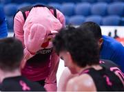 19 January 2022; St Munchin’s College mascot Sam Duggan, wearing a Pink Panther suit, during a time-out in the Pinergy Basketball Ireland U19 B Boys Schools Cup Final match between Blackrock College, Dublin, and St Munchin’s College, Limerick, at the National Basketball Arena in Dublin. Photo by Piaras Ó Mídheach/Sportsfile