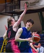 19 January 2022; James Burton of Blackrock College in action against Eoin Price of St Munchin's College during the Pinergy Basketball Ireland U19 B Boys Schools Cup Final match between Blackrock College, Dublin, and St Munchin’s College, Limerick, at the National Basketball Arena in Dublin. Photo by Piaras Ó Mídheach/Sportsfile