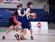 19 January 2022; Maitiú Heckmann of Blackrock College in action against Liam Price of St Munchin's College during the Pinergy Basketball Ireland U19 B Boys Schools Cup Final match between Blackrock College, Dublin, and St Munchin’s College, Limerick, at the National Basketball Arena in Dublin. Photo by Piaras Ó Mídheach/Sportsfile