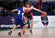 19 January 2022; Liam Price of St Munchin's in action against Maitiú Heckmann of Blackrock College during the Pinergy Basketball Ireland U19 B Boys Schools Cup Final match between Blackrock College, Dublin, and St Munchin’s College, Limerick, at the National Basketball Arena in Dublin. Photo by Piaras Ó Mídheach/Sportsfile