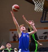 19 January 2022; Andrew Moffat of Malahide Community College in action against Daniel Kirby of Mercy Mounthawk during the Pinergy Basketball Ireland U16 A Boys Schools Cup Final match between Malahide Community College, Dublin, and Mercy Mounthawk, Tralee, Kerry, at the National Basketball Arena in Dublin. Photo by Piaras Ó Mídheach/Sportsfile
